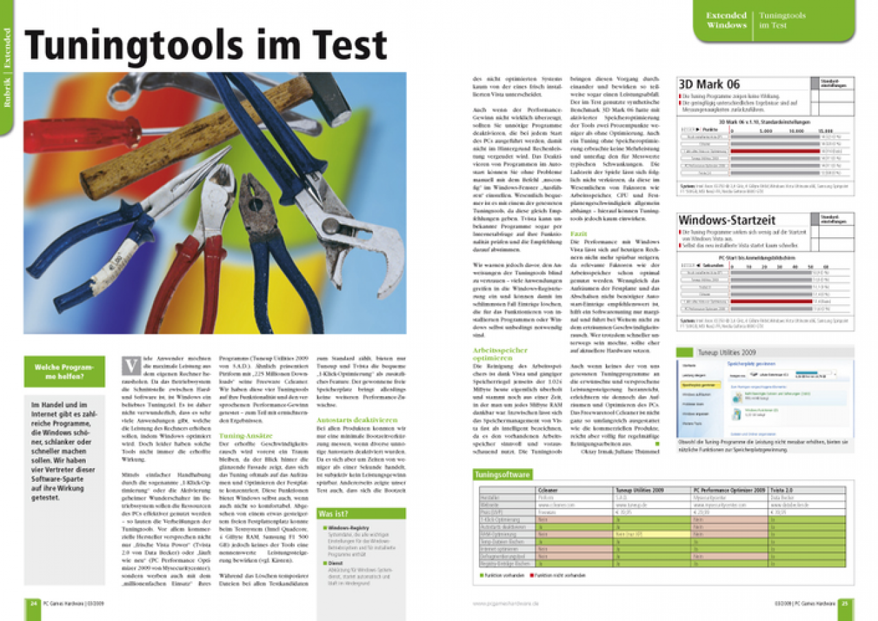 [03/02/2009] Im Handel und im Internet gibt es zahlreiche Programme, die Windows schöner, schlanker oder schneller machen sollen. Wir haben Ccleaner, Tuneup Utilities 2009, PC Performance Optimizer 2009 und Tvista 2.0 auf ihre Wirkung getestet. 