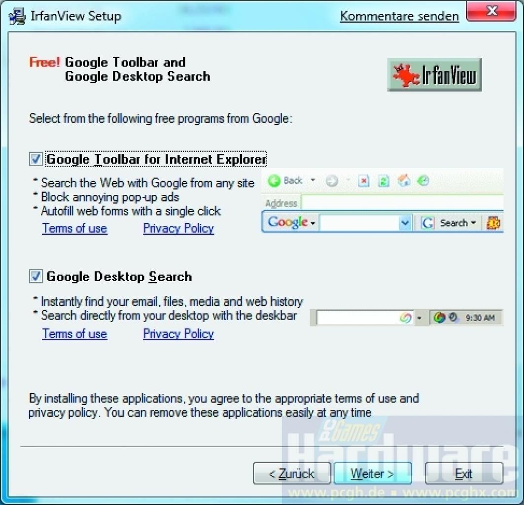 [06/02/2009] Die schlimmsten Softwarebremsen unter Windows: Nicht selten versucht Ihnen ein Installer weitere vom Hauptprogramm unabhängige Software unterzujubeln, wie hier die Google Toolbar und die Desktop-Suche.