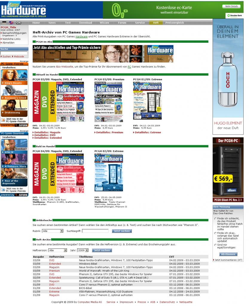 [16/02/2009] Die Heft-Übersichtsseite: PC Games Hardware und Extreme im Überblick