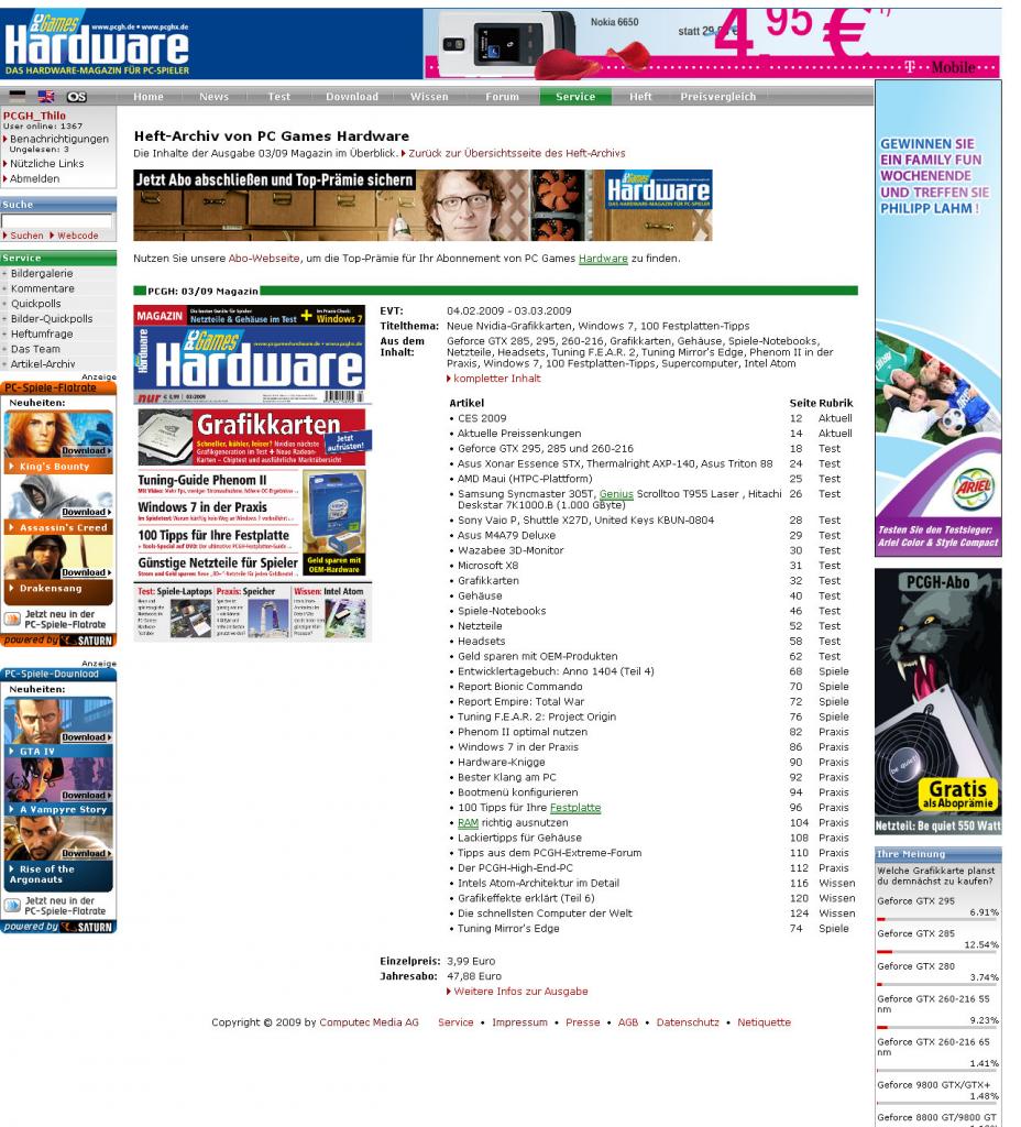 [16/02/2009] Die Unterseite zu einer Heft-Version mit komplettem Heft-Inhalt, Titelthemen und Angebotsdauer