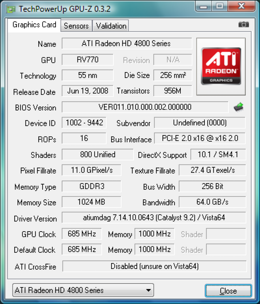 [13/03/2009] Palit Radeon HD 4850 Sonic 1GB - GPU-z zeigt die erhöhten Taktraten gegenüber den Referenzwerten.