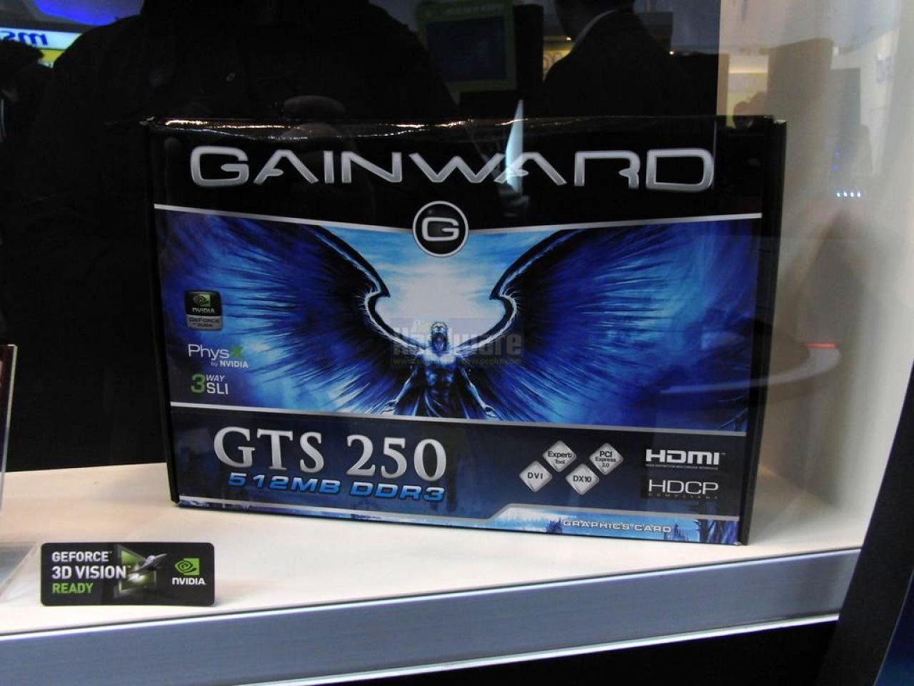 [03/03/2009] Geforce GTS 250 auf der Cebit. Die Retailverpackung ist im typischen Gainward-Stil gehalten.