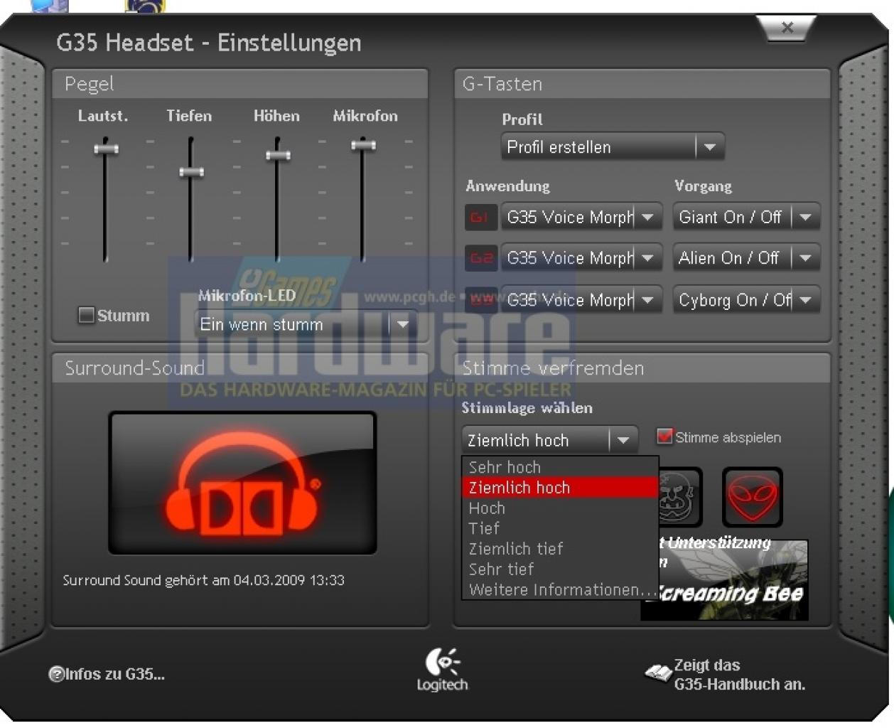 [05/03/2009] Logitech G35: Die Stimmprofile lassen sich konfigurieren.