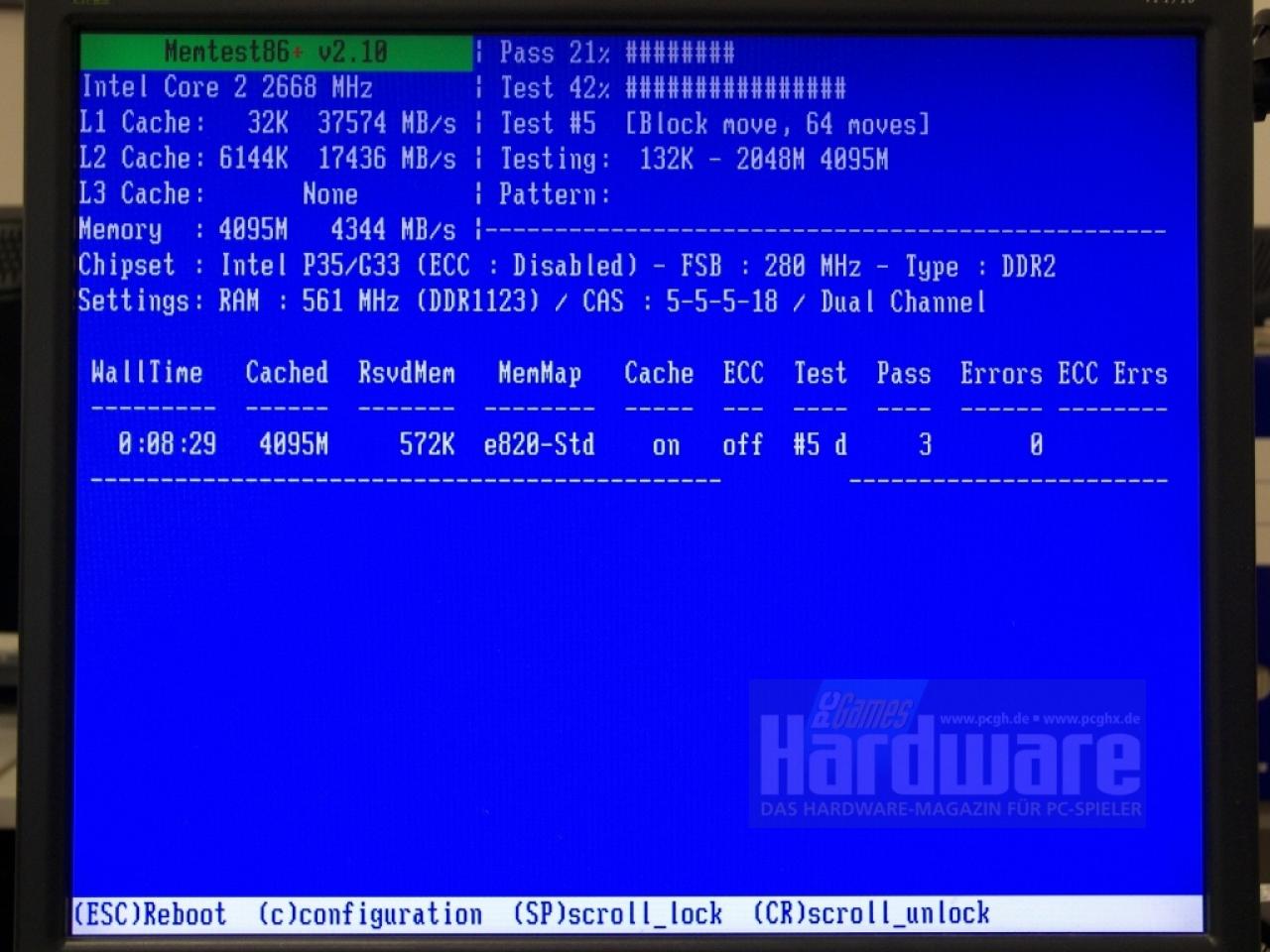 [13/03/2009] OCZ OCZ2P10664GK: Im OC-Test waren 560 MHz (DDR2-1120) bei 2,2 Volt stabil (Memtest 86+)