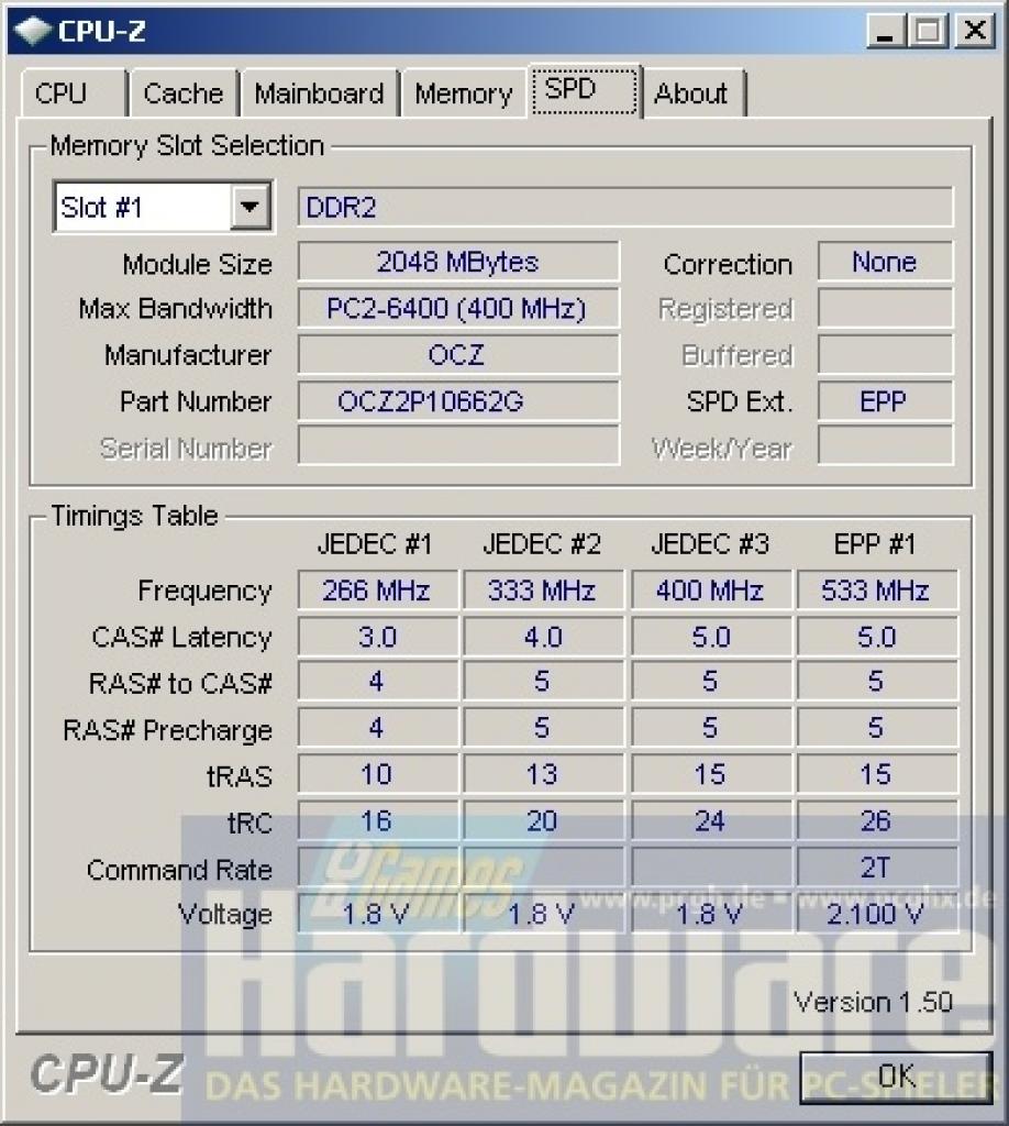 [13/03/2009] OCZ OCZ2P10664GK: Das EPP-Profil sieht DDR2-1066 mit 5-5-5-15, 2T bei 2,1 Volt vor