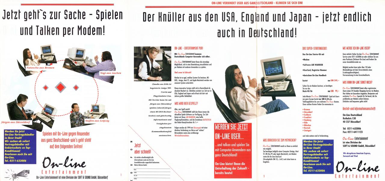 [11/03/2009] Ein Schnäppchen anno 1994! Gerade mal 50 Pfennig pro Minute plus Telefongebühren plus 10 DM monatliche Grundgebühr. Nehmen wir mal an, damals hätte es World of Warcraft schon gegeben, durchschnittliche Spieldauer pro Tag: Drei Stunden. 3 Stunden × 7 Tage = 21 Stunden. 21 Stunden x 4 Wochen = 84 Stunden. 84 Stunden x 60 = 5.040 Minuten. 5.040 Minuten x 0,50 DM = 2.520 DM + 10 DM + 15 DM (WoW-Abo) = 2.545 DM. Das entspricht rund 1275 Euro. Wie gesagt, ein echtes Schnäppchen!