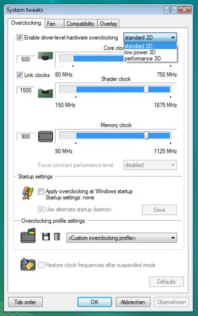 [23/03/2009] Aktuelle Geforces mit einem 2D/3D-Modus bieten selbige in einem Drop-Down-Menü an, die 9800 GT kurioserweise auch, obwohl ein solcher in der Praxis nicht existent ist. Auf einer aktuellen Radeon fehlt das Drop-Down-Menü.