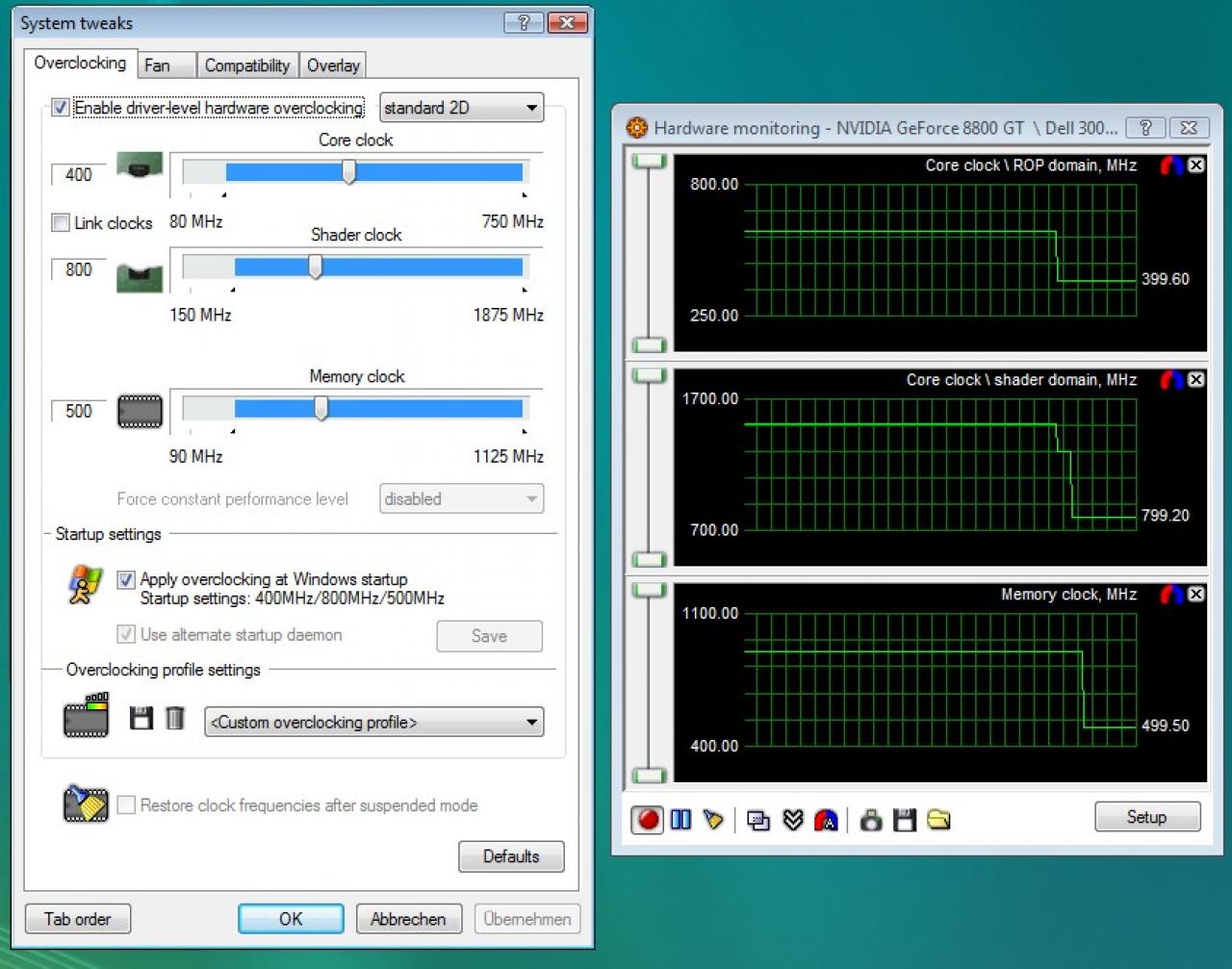 [23/03/2009] Per Schieberegler justieren Sie anschließend die Taktfrequenzen. In unserem Beispiel haben wir dazu parallel den HW-Monitor geöffnet um die realen MHz der Geforce abzulesen. Die Shader-Domäne entkoppeln Sie vom Core-Takt, indem Sie den Haken bei 
