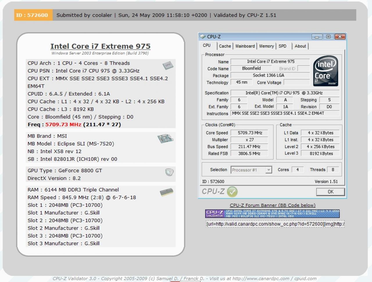 [28/05/2009] Core i7 975 EE: CPU-Z Validation mit 5.709,73 MHz - Weltrekord