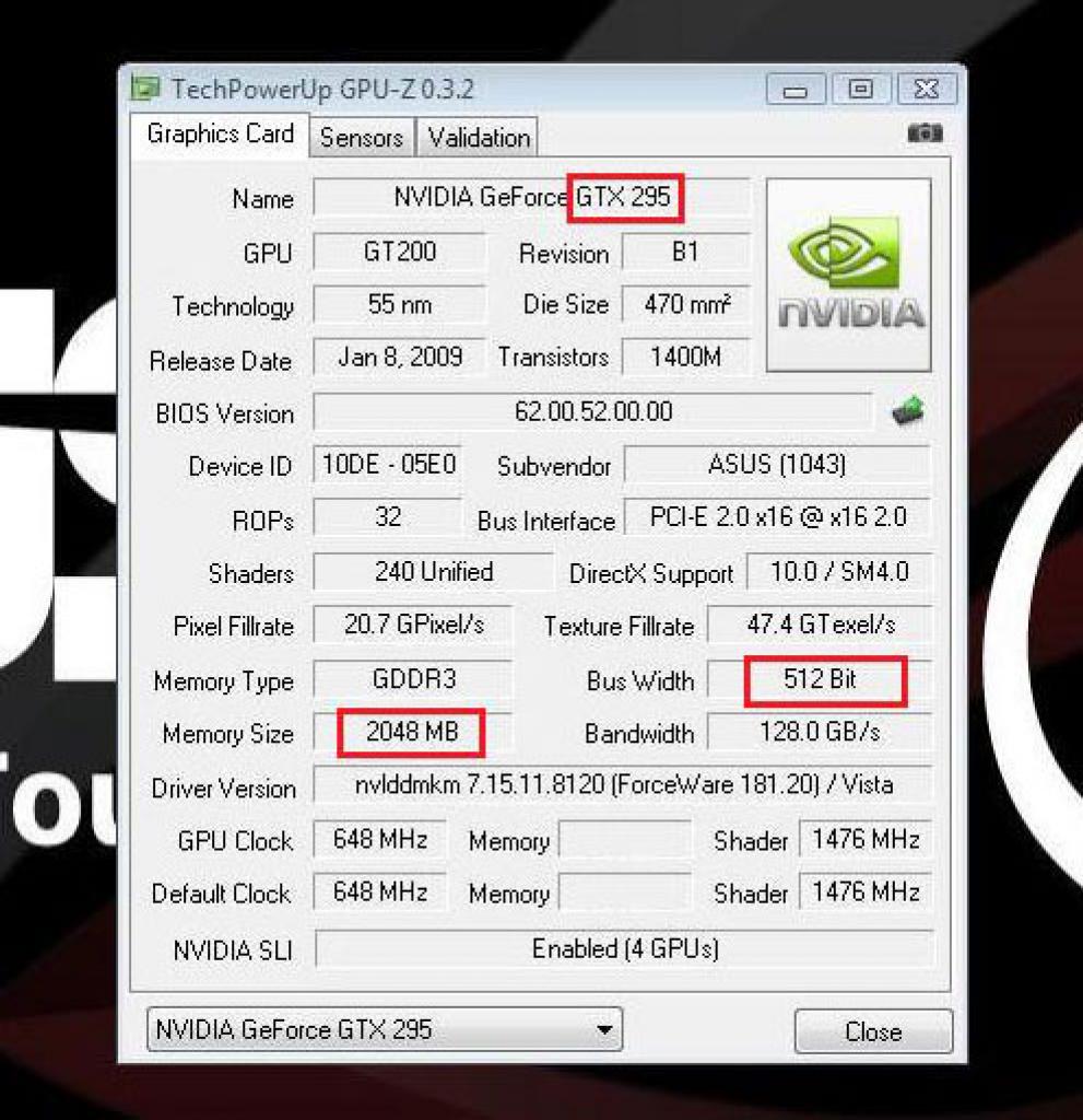 [28/05/2009] GPU-Z-Shot: Hier wird die Dual-GTX-285-Karte als GTX 295 erkannt, man sieht aber die 512-Bit-Speicheranbindung und die 2.048 MB-VRAM.