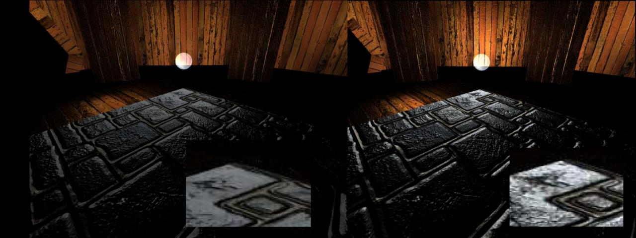 [29/05/2009] ÜBERBELICHTET Eine höhere interne Rendering-Genauigkeit erlaubt bessere Lichteffekte:.32 –Bit-Rendering (links) respektive 48-Bit-Rendering (rechts) auf einer Radeon 8500 unter OpenGL 