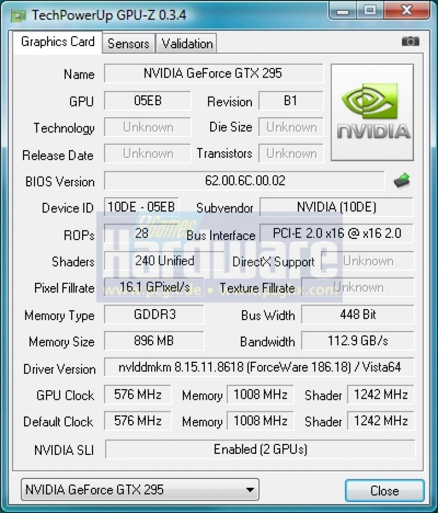 [22/06/2009] GPU-Z erkennt die neue Geforce GTX 295 noch nicht vollständig, bestätigt jedoch den Speichertakt von 1.008 MHz.