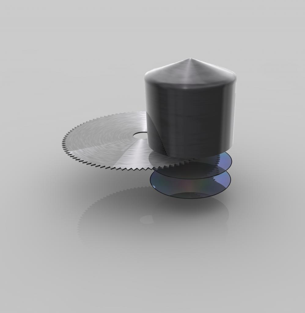 [08/07/2009] Ingot-Schneiden (Maßstab: Waferformat, ~300mm): Der Ingot wird in einzelne Scheiben gesägt, sogenannte Wafer.