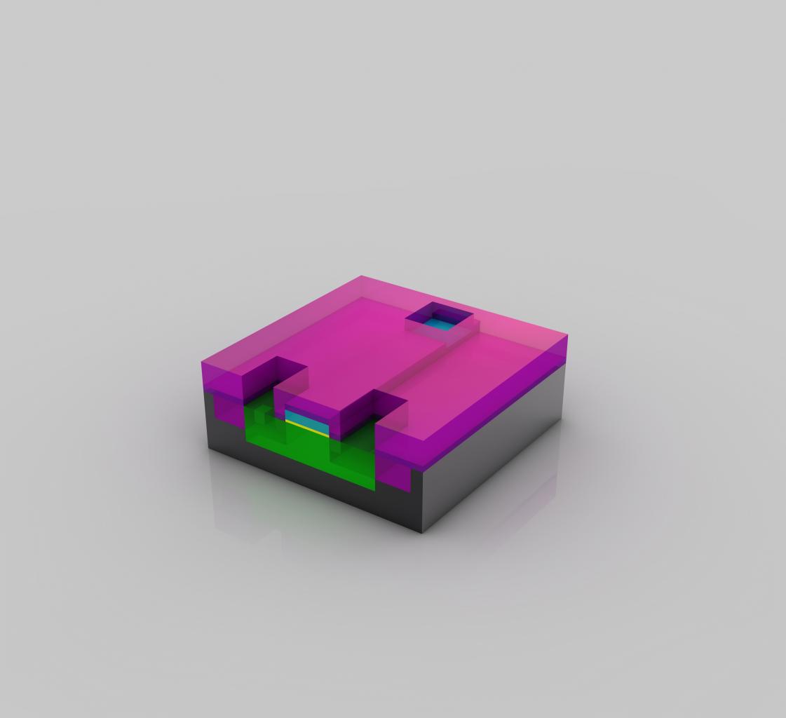 [08/07/2009] Fertiger Transistor (Maßstab: Transistorformat, ~50-200nm): Eine Isolationsschicht (magenta) wurde aufgebracht und drei Löcher hineingeätzt. Diese werden später mit Kupfer gefüllt und stellen die Verbindung zu anderen Transistoren her.