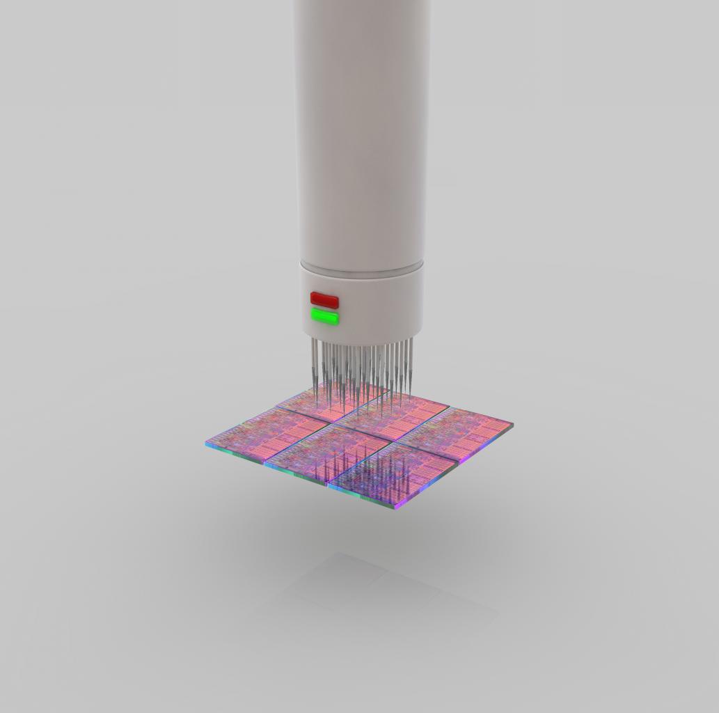 [08/07/2009] Wafer-Sortierung /-test (Maßstab: DIE-Format, ~10mm): Die Schaltkreise, die später eigene CPUs bilden, sind an dieser Stelle fertig. Noch auf dem Wafer werden nun erste Tests durchgeführt, in denen die einzelnen Schaltkreise auf richtige Reaktionen hin überprüft werden.