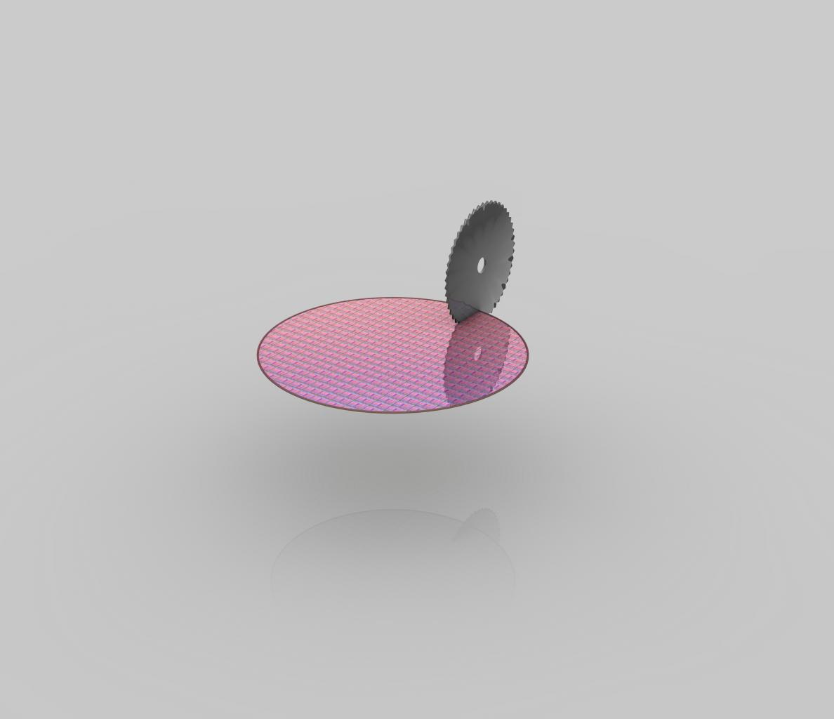 [08/07/2009] Sägen (Maßstab: Waferformat, ~300mm): Der Wafer wird in einzelne Teile, sogenannte DIEs zersägt.