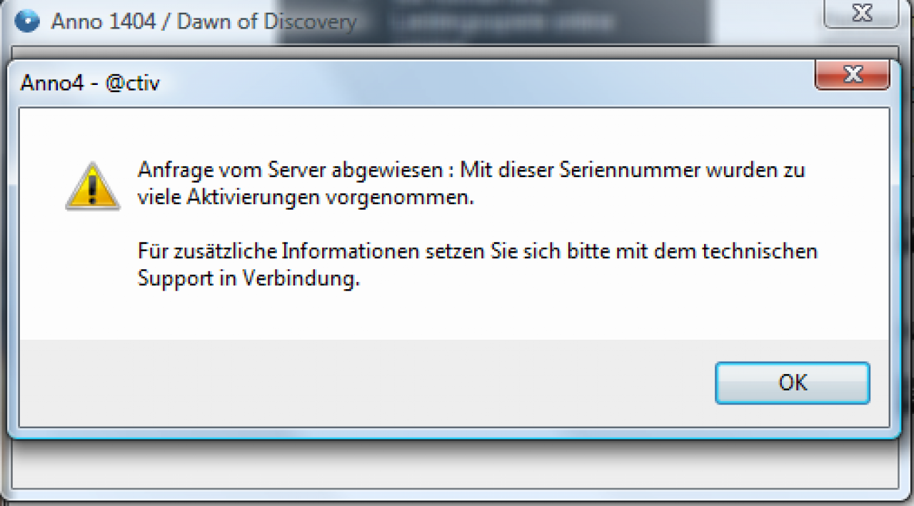 [02/07/2009] Alle drei Aktivierungen sind aufgebraucht, jetzt hilft nur noch die Registrierung bei Ubisoft und die Support-Anfrage beim Ubisoft Solution-Center weiter.