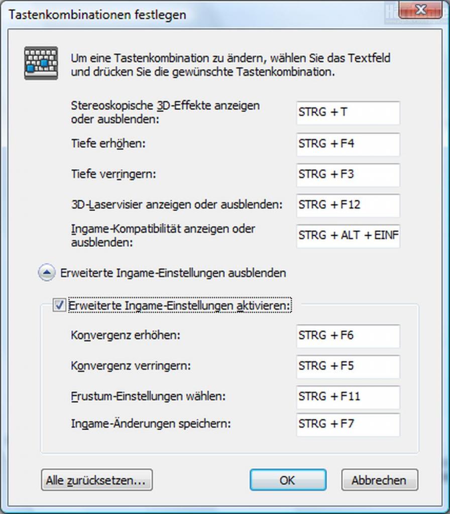[29/07/2009] Geforce Stereo3D: Im Treiber können Sie einige Optionen zur Steuerung des 3D-Effekts per Tastaturkürzel individuell anpassen. Auch komplett Ausblenden lässt sich 3D-Vision per Shortcut.