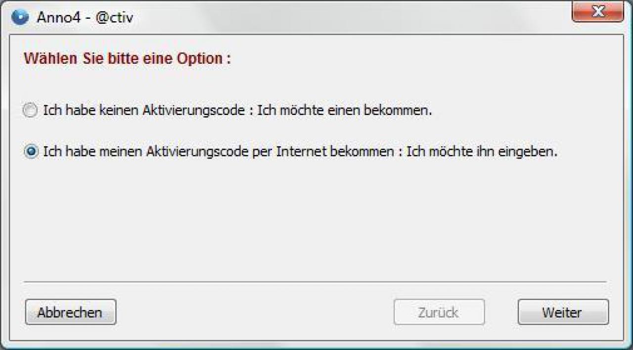 [02/07/2009] Wählen Sie wie auf dem Bild, das Sie den Code manuell über das Internet bezogen haben.