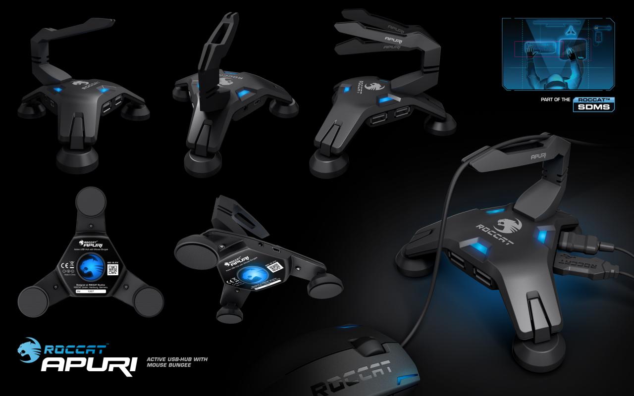 [09/07/2009] Roccat Apuri ist ein aktiver USB-Hub inklusive Maus-Bungee und das erste Produkt aus der SDMS-Reihe.