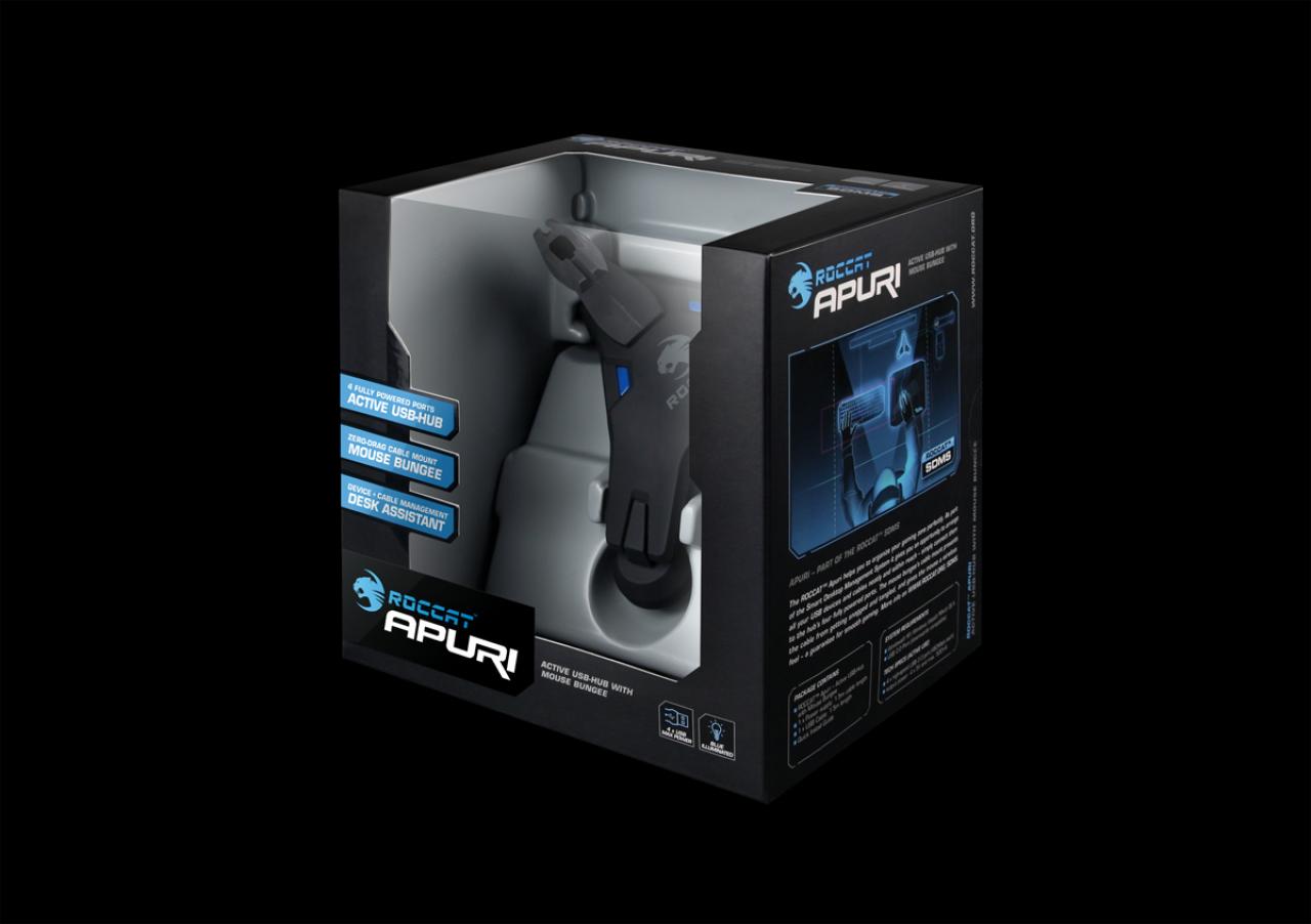 [09/07/2009] Roccat Apuri ist ein aktiver USB-Hub inklusive Maus-Bungee und das erste Produkt aus der SDMS-Reihe.