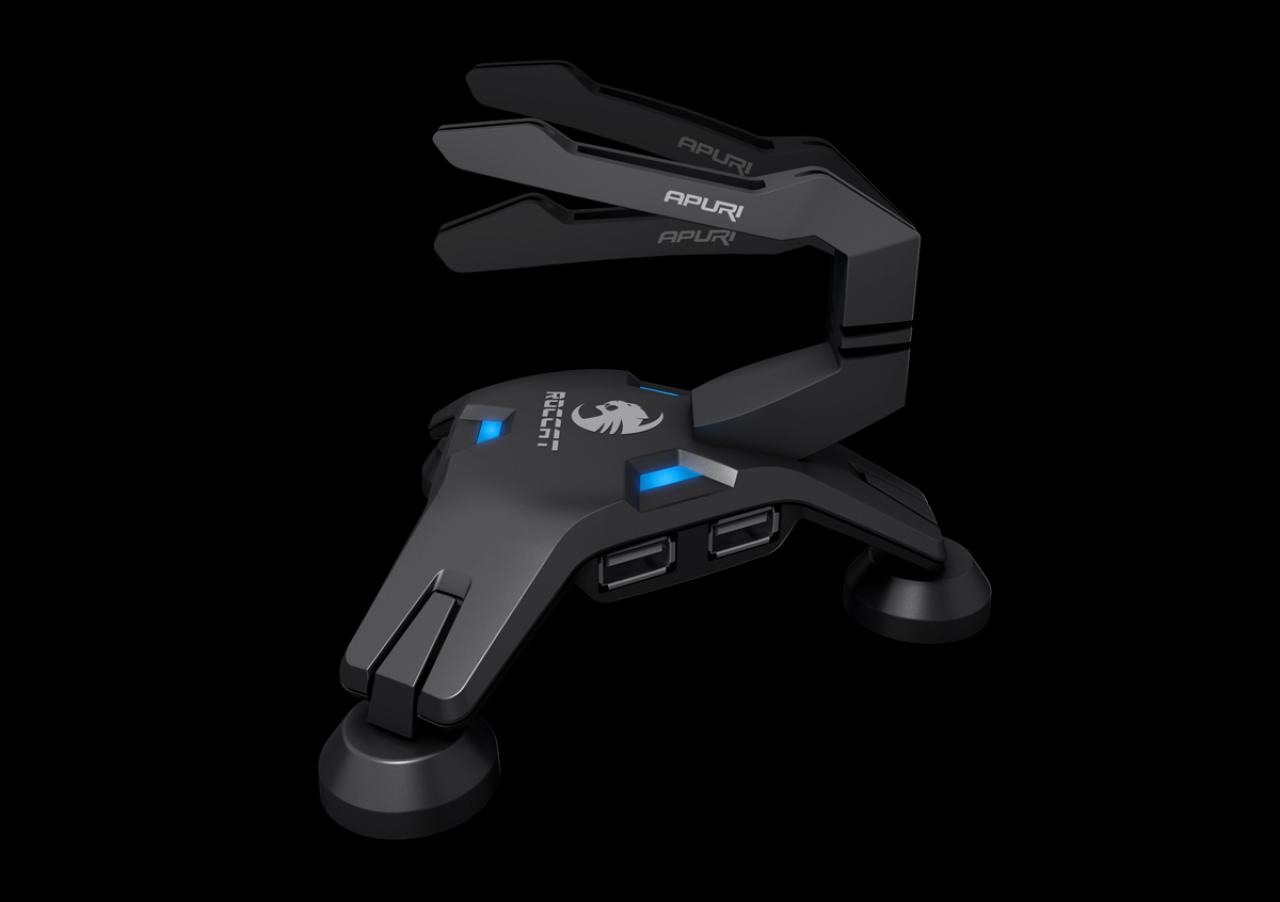 [09/07/2009] Roccat Apuri ist ein aktiver USB-Hub inklusive Maus-Bungee und das erste Produkt aus der SDMS-Reihe.