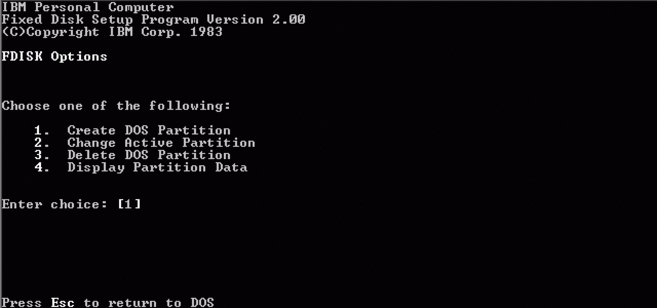 [28/07/2009] DOS 2.1 kam im Oktober 1983 auf den Markt. Im Bild ist FDISK zu sehen.