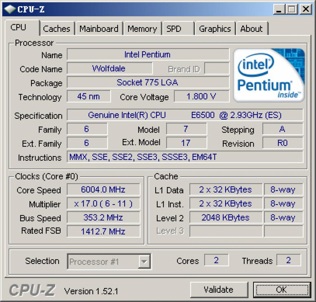 [20/08/2009] Intel Pentium Dual Core E6500K mit freiem Multiplikator - 6.004 MHz mit 1,800 Volt VCore