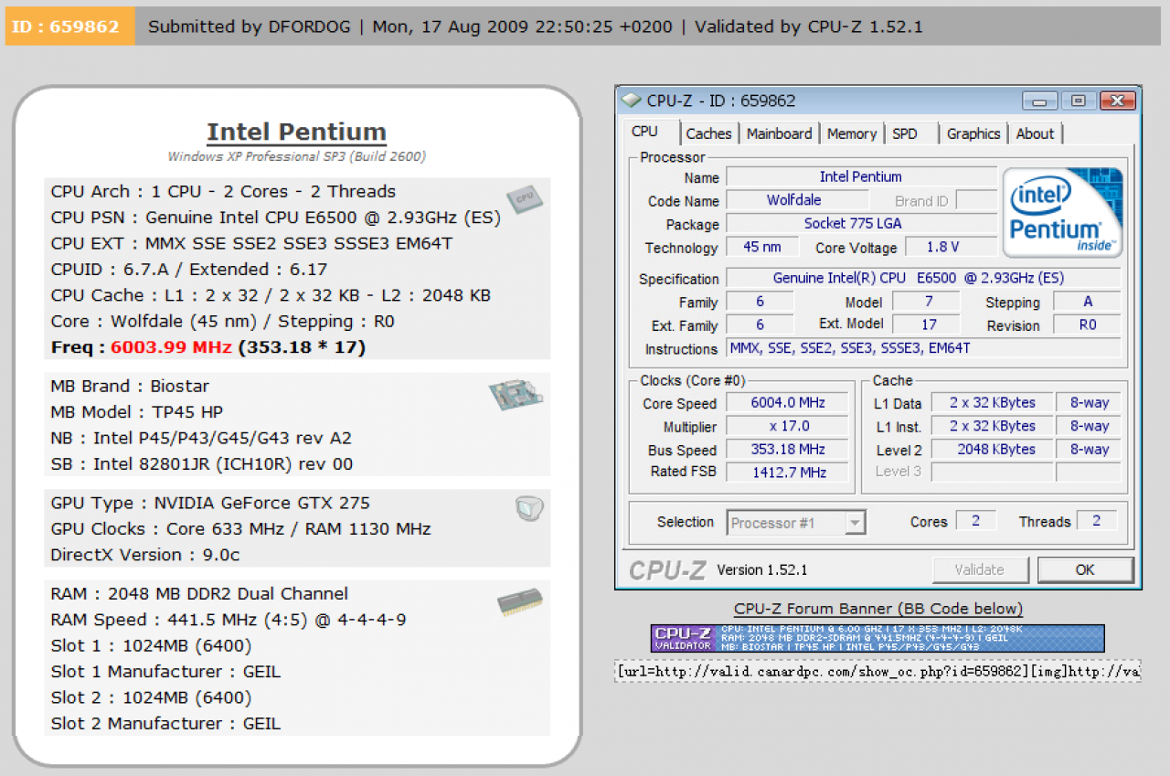 [20/08/2009] Intel Pentium Dual Core E6500K mit freiem Multiplikator - 6.004 MHz CPU-Z-Validierung