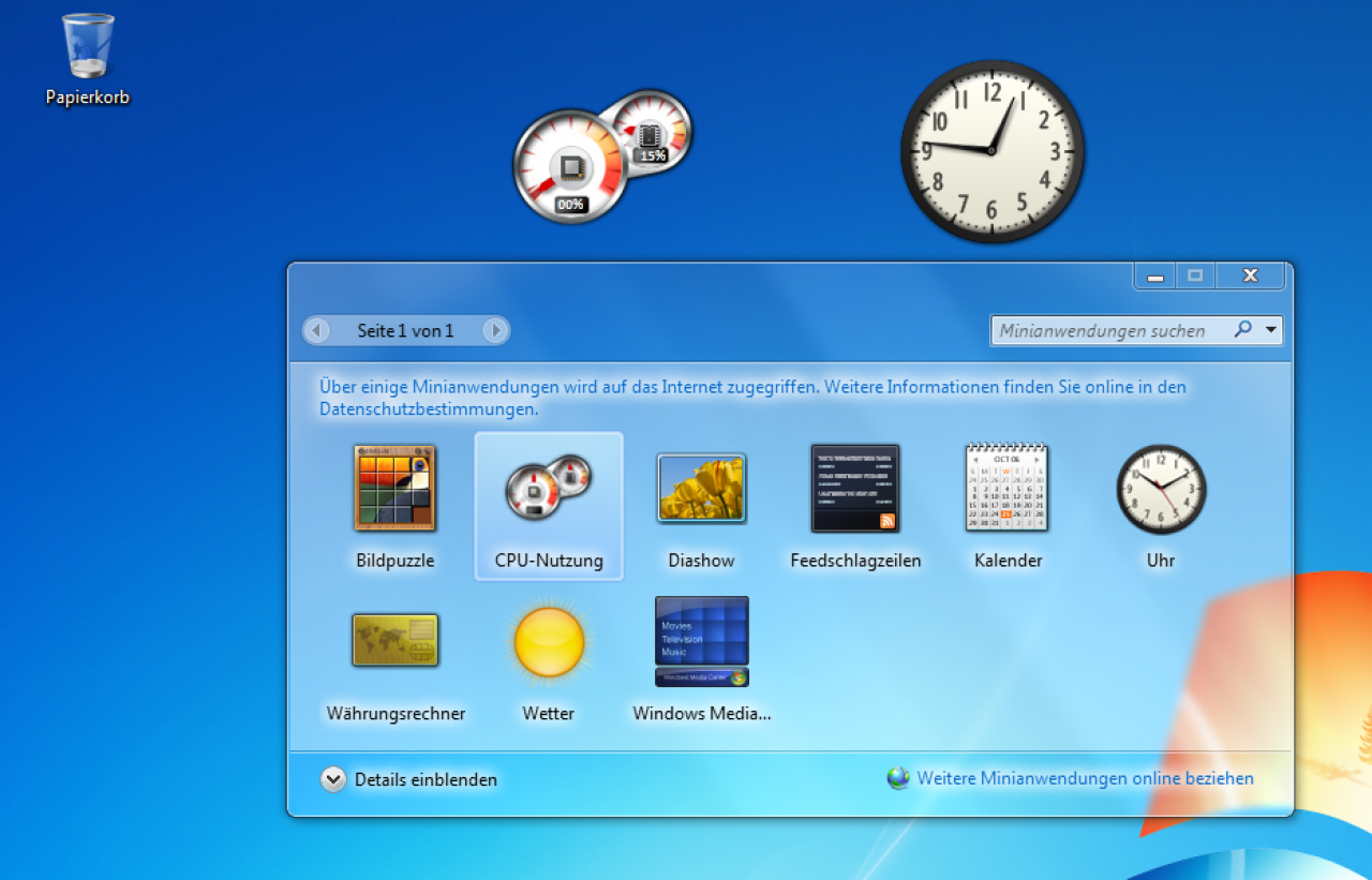[19/08/2009] Windows 7 RTM: Minianwendungen können auf dem gesamten Desktop platziert werden.