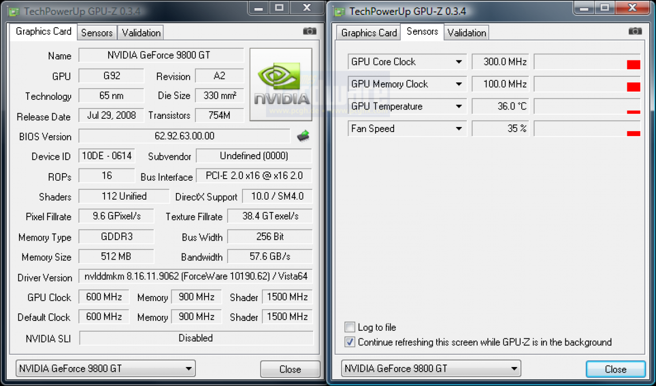 [08/09/2009] Sparkle Geforce 9800GT Coolpipe (8): GPU-z enthüllt den 2D-Modus.