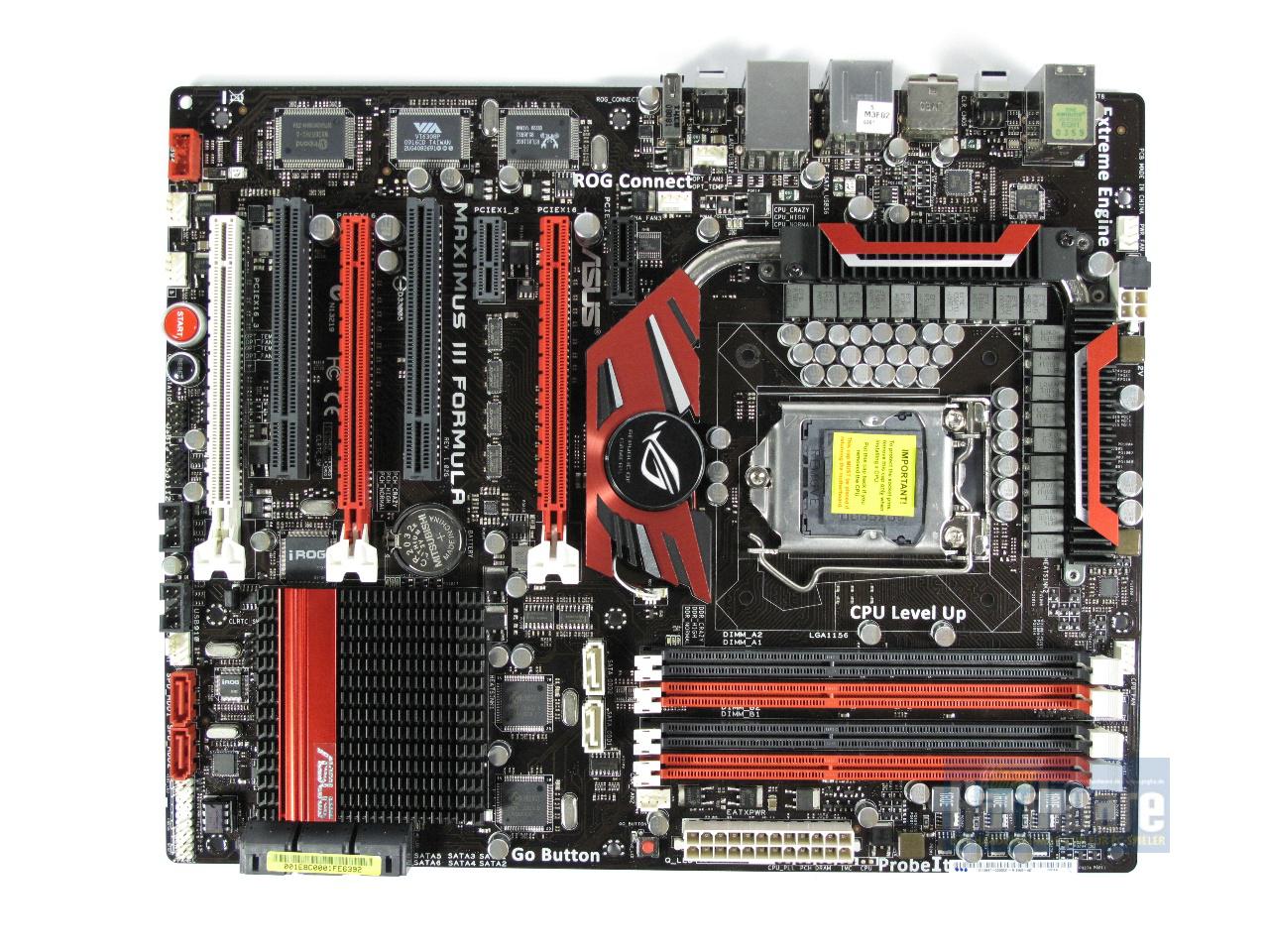 [09/09/2009] Asus Maximus III Formula: Übertakter-Board von Asus - die Kühlung ist besonders flach, damit es keine Probleme mit großen CPU-Kühlern gibt. Mit ROG-Connect übertakten Sie den PC mit einem Notebook, das Sie an den USB-Port anschließen. (1)