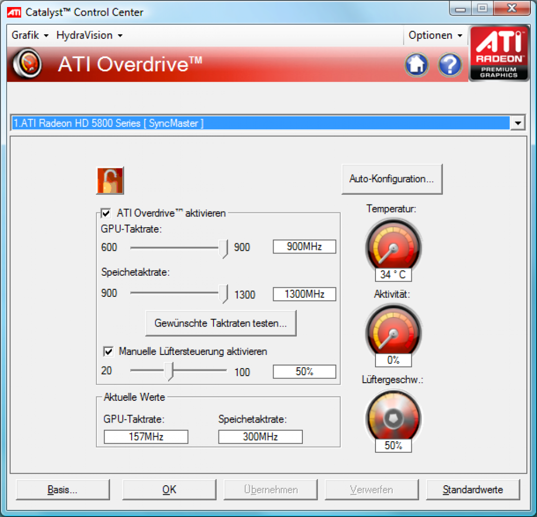 [18/09/2009] Catalyst Control Center: Das Overdrive-Menü erlaubt die Übertaktung auf 900/2.600 MHz und die Regelung der Lüfterdrehzahl.