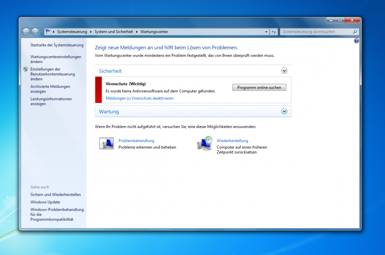[10/09/2009] Windows 7 Wartungscenter: Obwohl alle Meldungen abgeschaltet sind, zeigt das Wartungscenter per Popup in der Taskleiste an, dass ein Problem vorliegt. 
