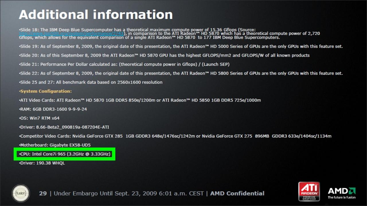 [09/10/2009] PDF der Radeon HD 5870: Verwendete Komponenten für AMDs Benchmarks - unter anderem ein Intel Core i7-965 EE