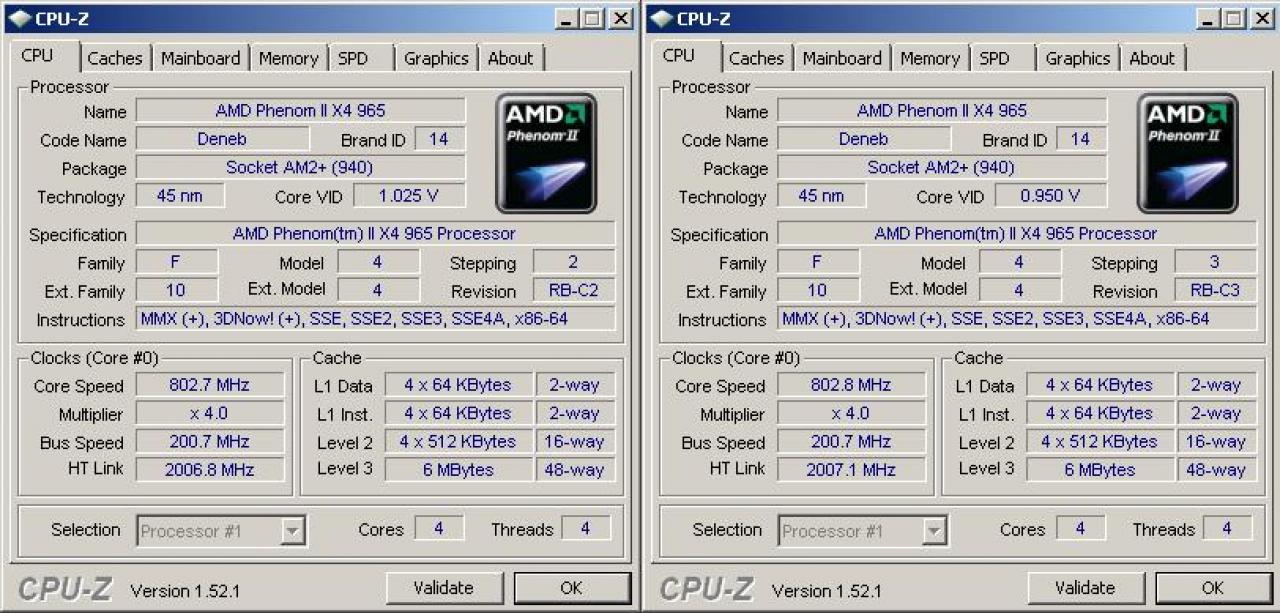 [19/10/2009] Vergleich beider Revisionen im Leerlauf - CPU-Z 1.52.1