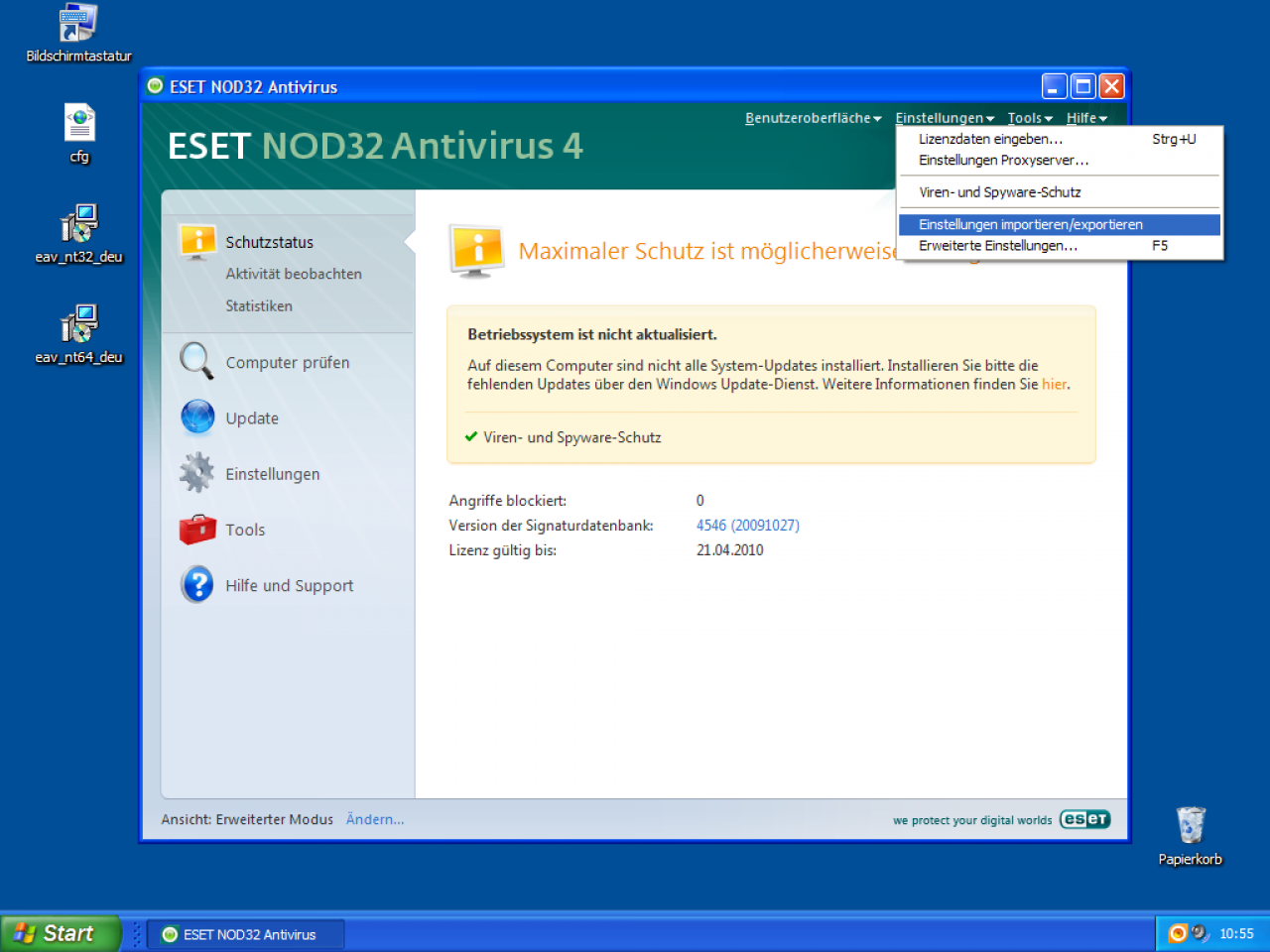 [27/10/2009] Eset NOD32 Antivirus 4 (Lizenzdatei (cfg.xml) nachträglich installieren): Öffnen Sie über 