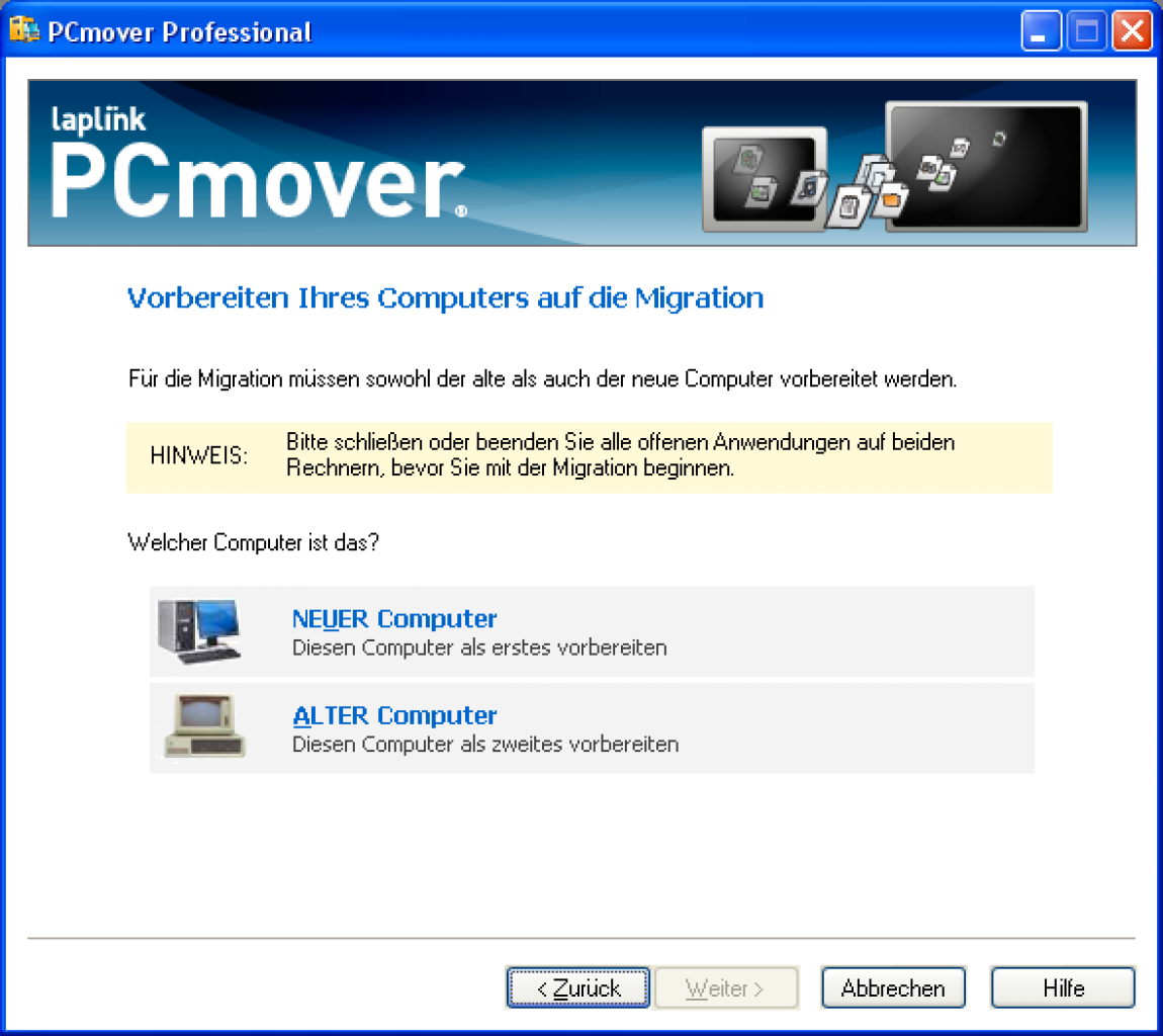 [03/11/2009] Umzugshilfe für Windows 7: erster Auswahlbildschirm (Auswahl alter PC)