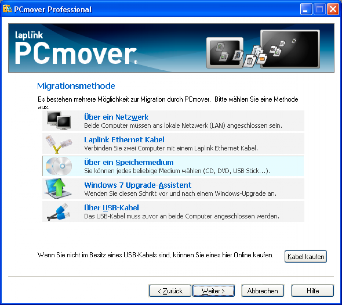 [03/11/2009] Umzugshilfe für Windows 7: Auswahl von Migrationsoptionen (Auswahl über ein Speichermedium)