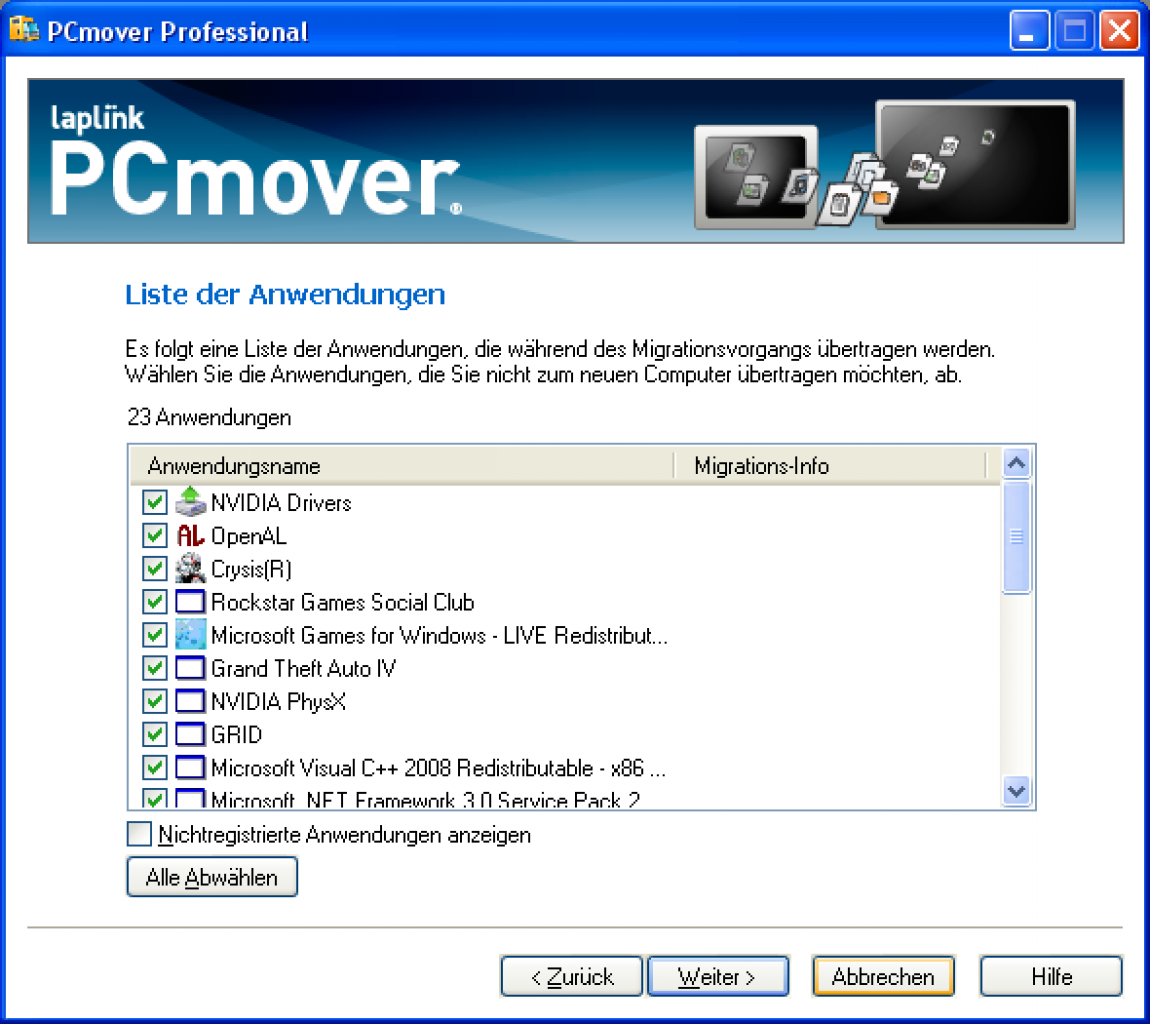 [03/11/2009] Umzugshilfe für Windows 7: Auswahl Anwendungen und Zielort und Größe der Container-Dateien auswählen