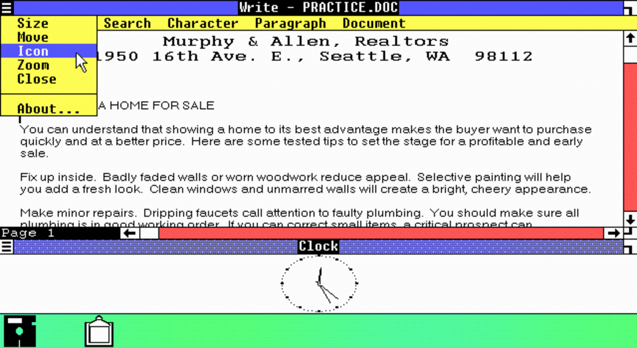 [10/11/2009] Windows 1: Write mit Uhr