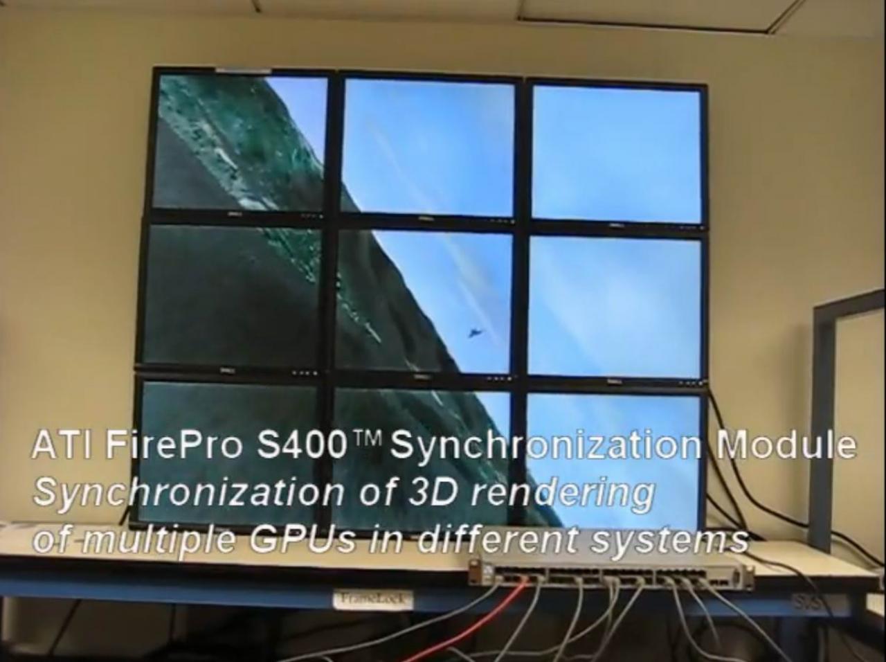 [07/12/2009] Bilder aus der Videodemonstration: Verschiedene PC-Systeme stellen per LAN, syncronisiert durch ein FirePro S400 Syncronisationsmodul, einen Flugsimulator auf neun Monitoren dar. (3)