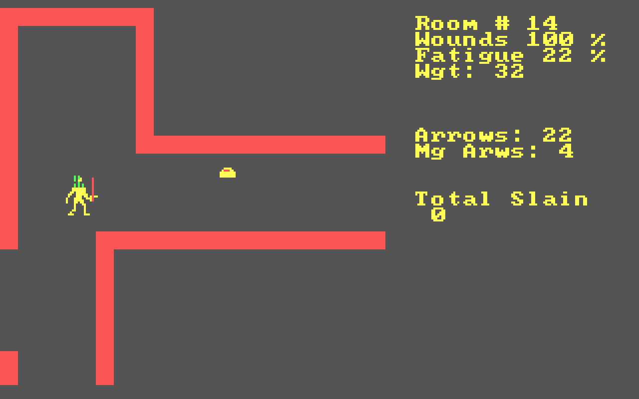 [01/12/2009] 1979: Noch im gleichen Jahr wird es bunter. Dungeonquest: Temple of Apshai für DOS (Port 1985). Im Handbuch finden sich Raumbeschreibungen über Geruch, Geräusche und Zustand.