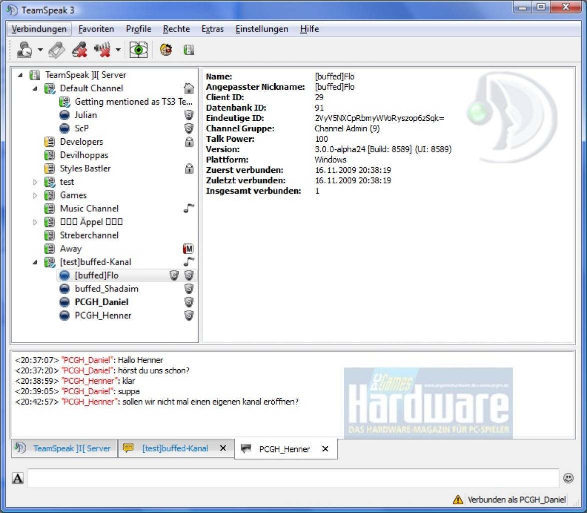 [30/12/2009] Die neue Benutzeroberfläche ist deutlich übersichtlicher und praktischer als die von Teamspeak 2 – links: Server und Kanäle; rechts: zugehörige Infos; unten: Chat-Tabs. 