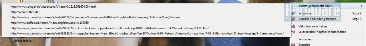 [30/12/2009] Die URL-Übersicht und zahlreiche weitere Funktionen erreichen Sie auch schnell und einfach per Tray-Symbol. Dort sehen Sie zudem, ob Ihr Mikrofon gerade aktiv ist.