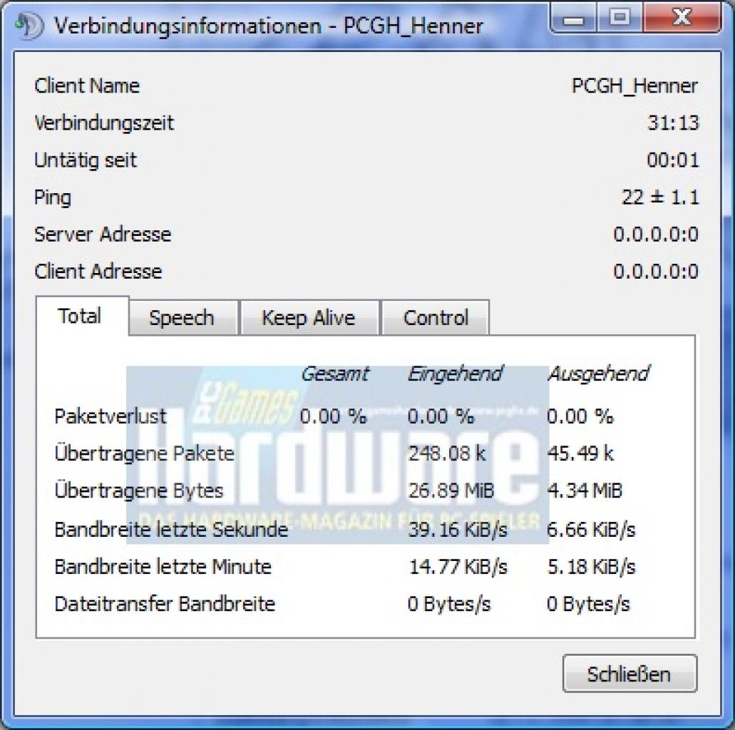 [30/12/2009] Die Statistikfunktion zeigt Infos wie die genutzte Bandbreite an.