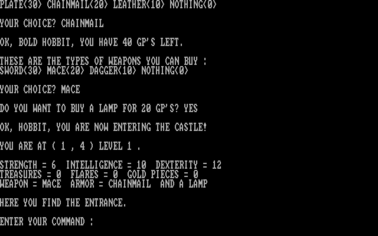[01/12/2009] 1979: Eines der ersten Rollenspiele für die DOS-Plattform (Port 1982), von dem auch ein Screenshots existiert. Sie sehen die Charaktererstellung in The Wizard's Castle.