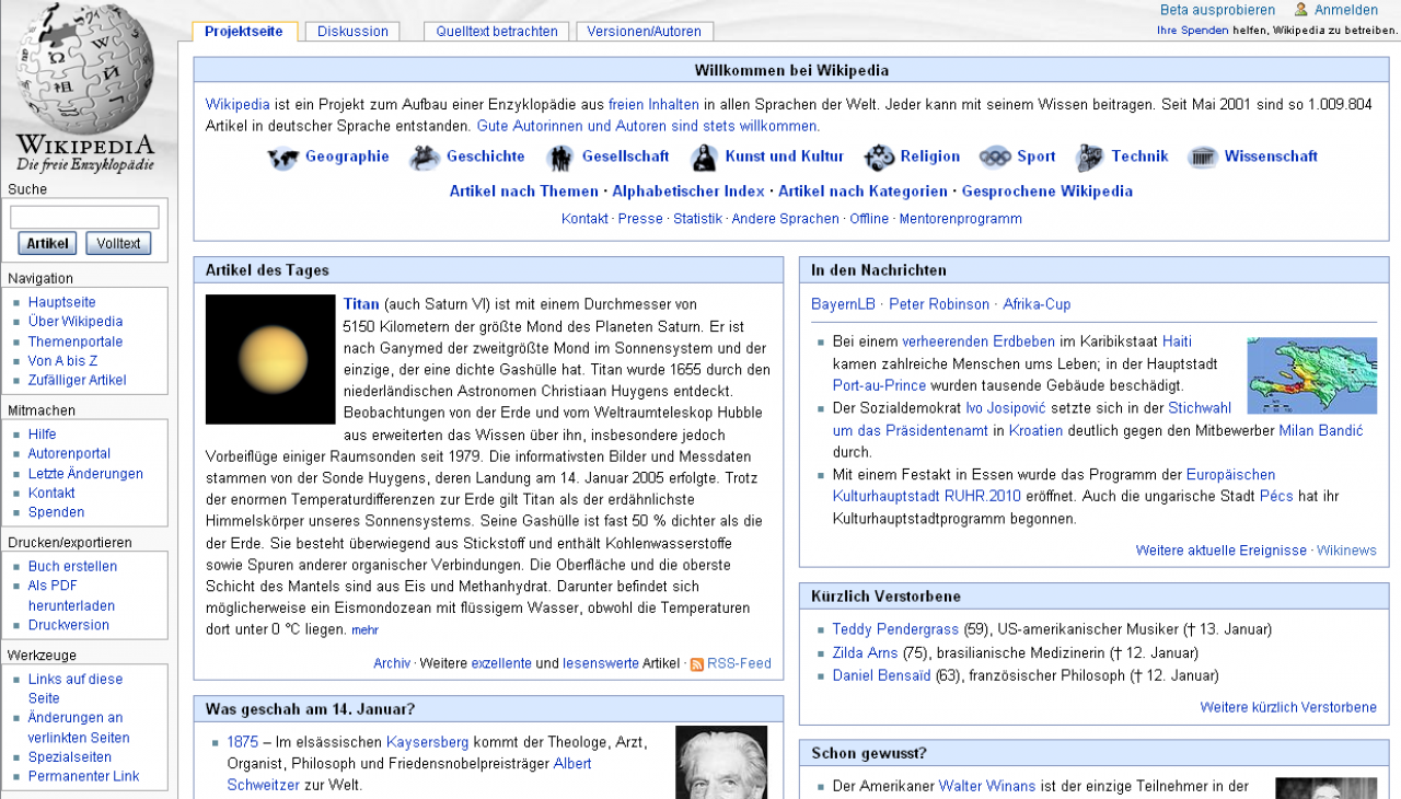 [14/01/2010] Die deutsche Wikipedia-Startseite im Jahr 2010