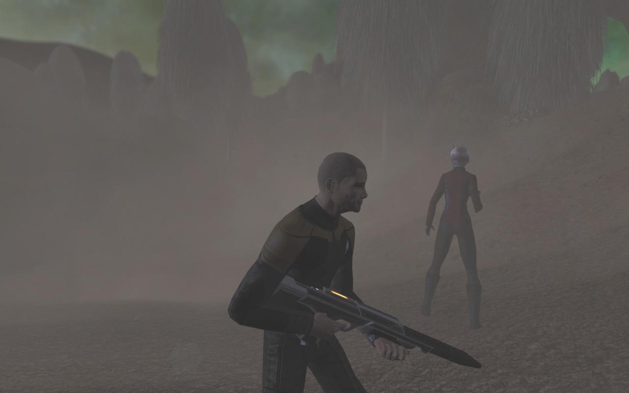 [05/02/2010] Star Trek Online: Grafik-Flop - Viele Planetenoberflächen sind lieblos. Hier verbirgt dichter Nebel notdürftig die detailarme Welt.