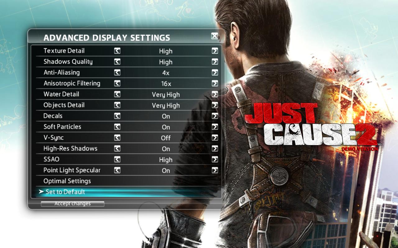 [05/03/2010] Just Cause 2: Das Grafikmenü auf einer Radeon HD; CUDA-Wasser und der Bokeh-Filter fehlen.